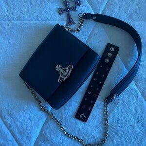 Navy Blue with white gold details and chain shoulder bag with long strap!🌼